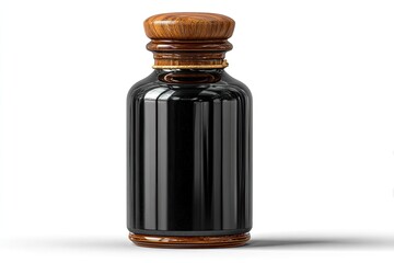 Glossy black bottle with wooden cap