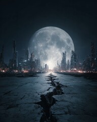 Night city skyline with a huge full moon and cracked foreground.