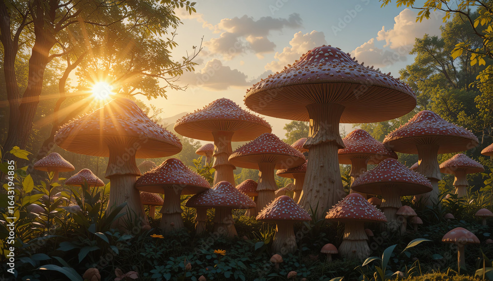 Poster brightly colored mushrooms grow in clusters under the warm glow of a setting sun. the forest setting