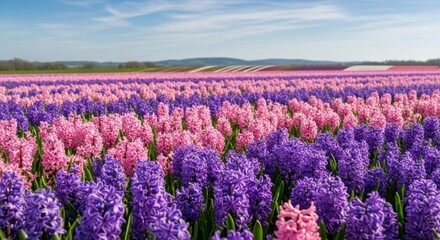 Fototapeta premium Vast expanse of blooming hyacinth flowers in vibrant shades of purple and pink under a clear blue sky