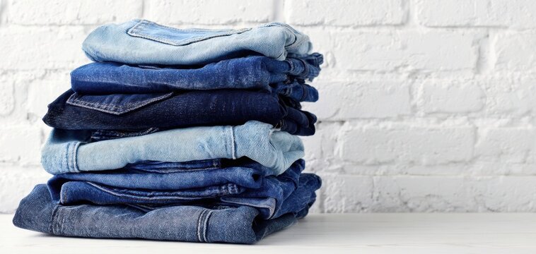 The stack of folded denim jeans against a textured white brick wall. - Powered by Adobe