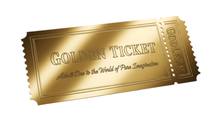 A shiny golden ticket with embossed text and decorative borders, symbolizing luxury, opportunity, and exclusive access, isolated on a transparent background
