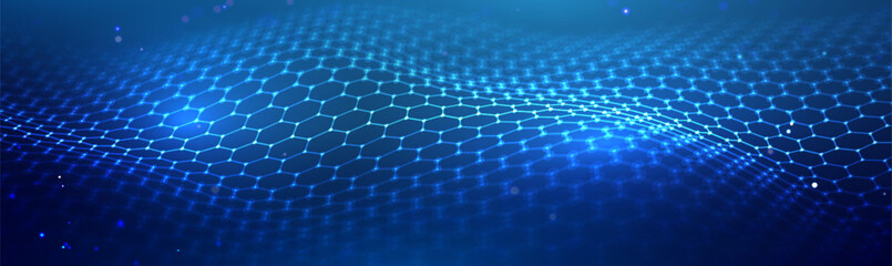 Medical hexagon background featuring honeycomb patterns and blue science elements. 3D molecule textures for biotech or nano designs. Futuristic mesh grids or chemical shields for tech banners.