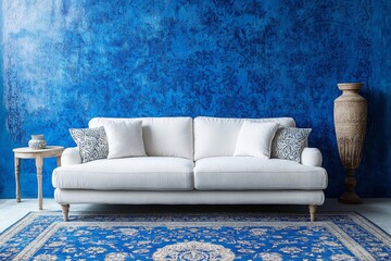 White sofa placed near a blue patterned wall, creating a Boho or eclectic style modern living room with vibrant, artistic decor, Generative AI