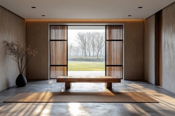 Minimalist interior design of a modern entrance hall featuring a wooden bench, capturing the essence of simplicity and functionality, Generative AI