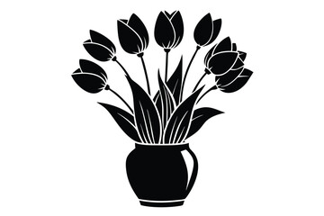 Monochrome drawing shows a beautiful vase holding a bouquet of many tulips on white