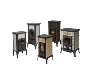 Vintage wood burning stoves antique collection isolated on white background for rustic home decor
