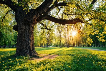 Fototapeta premium Sunlight streams through a park, illuminating a large tree and vibrant spring flowers