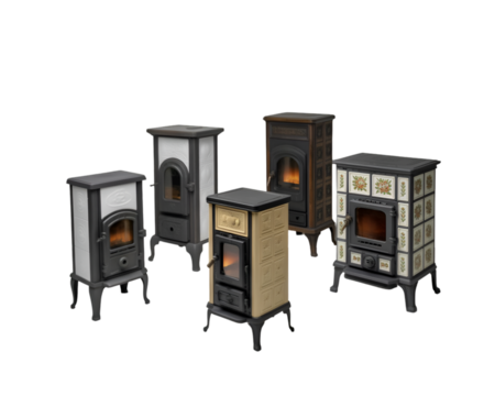 Vintage wood burning stoves antique collection isolated on white background for rustic home decor
