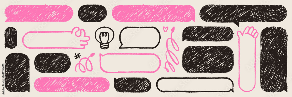 Poster crayon text box and element set. hand drawn speech bubble with charcoal texture. vector grunge shape