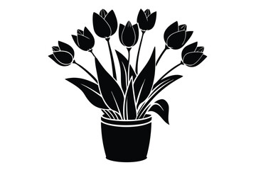 Potted tulips with leaves are showcased in this simple black silhouette style on white