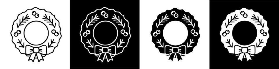 Four variations of a decorative wreath design; black and white inversions.