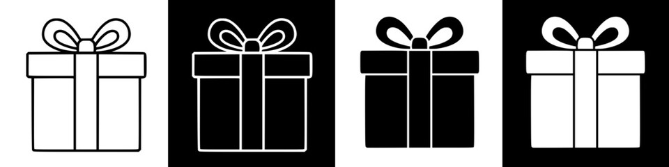Four stylized gift boxes with bows, presented in alternating black and white backgrounds.