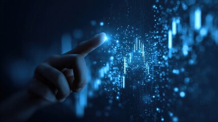 Finger touching glowing data visualization futuristic digital interface.