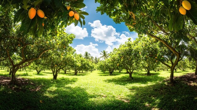 Lush orchard with fruit trees under a vibrant sky.