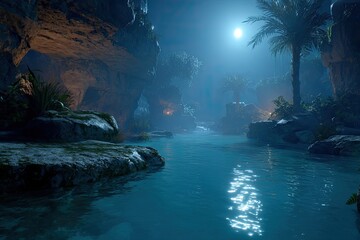 Moonlit cave river scene