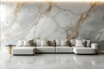 Abstract marble paneling on a wall with a white sofa, creating a serene and beautiful modern living room. 3D rendering, Generative AI