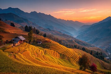 Golden terraced rice paddies at sunrise, nestled in a mountain valley