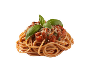 Spaghetti with tomato sauce and basil isolated on white background for Italian pasta food concept