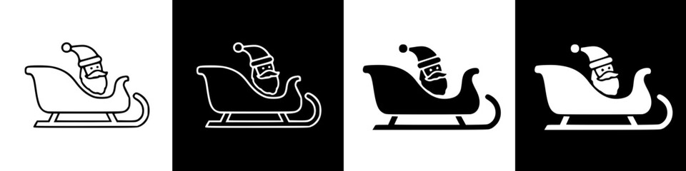 A festive illustration of Santa Claus riding a sleigh in various color schemes.