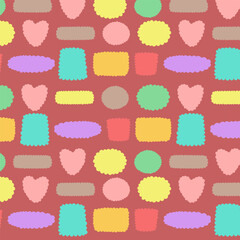 Seamless vector pattern with colorful abstract shapes in bright pastel tones on dark background – perfect for children’s textiles, stationery, nursery decor, and playful creative projects.