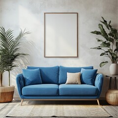 Blue sofa against a white wall with an art poster frame, capturing the mid-century modern style in a living room setting, Generative AI