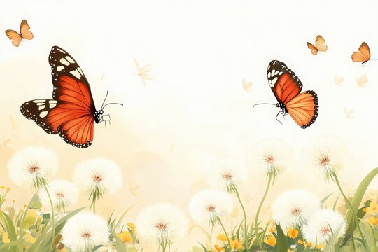 Fototapeta Beautiful illustration of orange butterflies gracefully flying over delicate dandelions amidst a soft, dreamy background of pastel colors and gentle light.