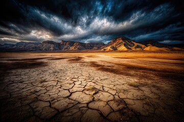 Dramatic dry lakebed landscape under a stormy sky