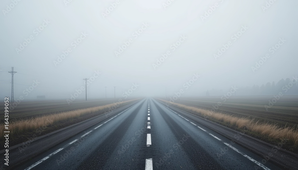 Poster a long, empty highway disappears into thick fog, creating a mysterious atmosphere. surrounding field