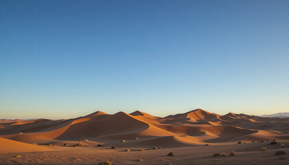 Rolling sand dunes create a spectacular view in a serene desert landscape, illuminated by warm golden light as the sun sets against a clear blue sky