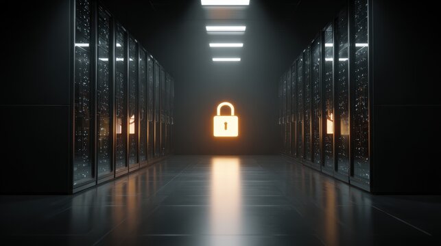 Secured Server Room Corridor, Datacenter. Glowing padlock, server racks behind
