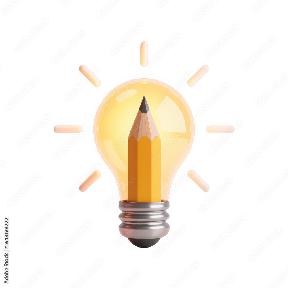 Poster creative idea symbolized by a pencil inside a glowing light bulb with rays of light isolated on tran