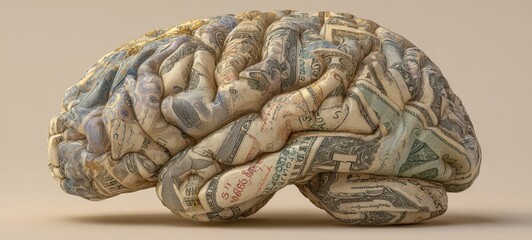 The brain crafted from intricately woven banknotes and currency textures.