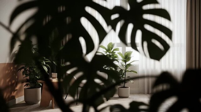 Calm Minimalist Living Room Interior With Plants And Soft Light A Slow Reveal Shot Past A Monstera Leaf