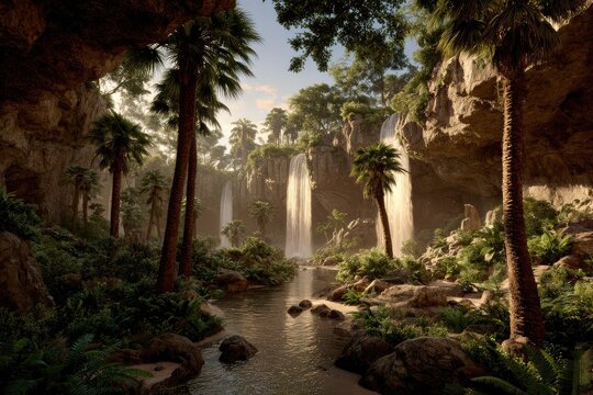 Lush tropical canyon with waterfalls