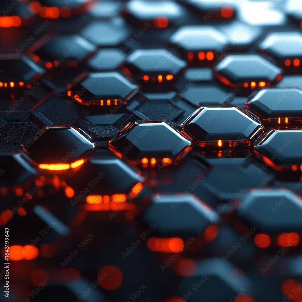 Poster futuristic hexagon pattern background with dark tiles and red glow effects for technology