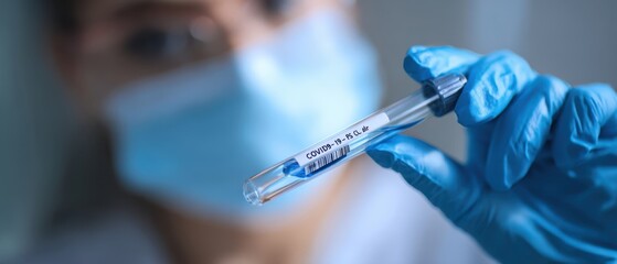 The healthcare professional holding a COVID-19 test tube in a laboratory setting.