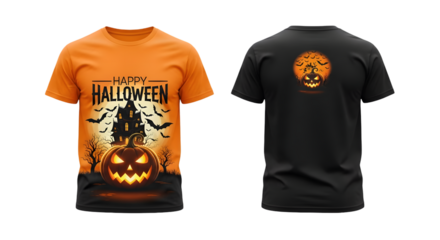 Front and back view of a halloween themed tshirt with a spooky pumpkin and haunted house graphic isolated on transparent background