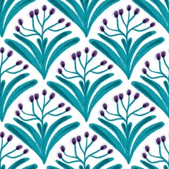 Seamless Botanical Pattern with Teal Leaves and Purple Buds