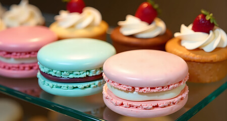 Fototapeta premium Closeup of colorful macarons and cupcakes with strawberry toppings on a plate