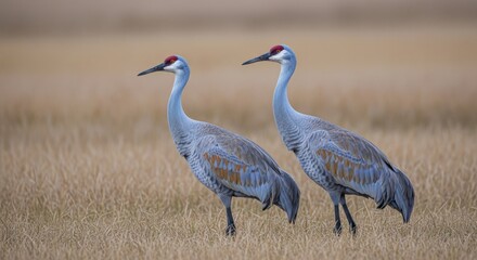 Naklejka premium Two Sandhill Cranes standing in a field of dry grass