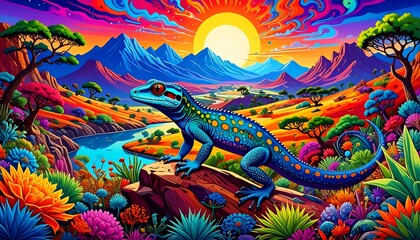 Obraz premium Colorful lizard in vibrant landscape (1)