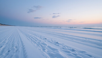 Obraz premium Early morning light casts soft colors across an empty beach. The smooth sand shows tire tracks and an inviting shoreline frames the calm, lapping waves under a colorful sky