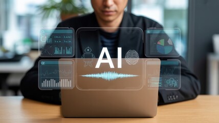 Artificial Intelligence (AI) - A man at a laptop with a digital screen showing "AI" text, a chatbot, and a brain icon, for machine learning