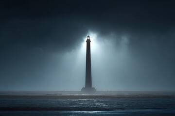 Lighthouse silhouette at night, bathed in moonlight through stormy clouds