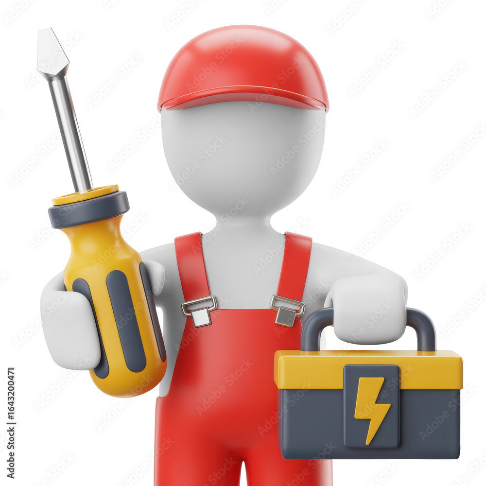 Poster a 3d rendered cartoon handyman character wearing red overalls and a red cap holding a screwdriver an