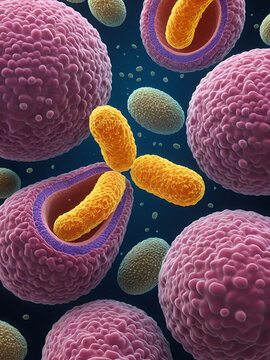 Cryptosporidiosis, a diarrheal disease caused by Cryptosporidium parvum protozoan. 3D illustration showing release of parasite sporozoites from oocyst inside small intestine