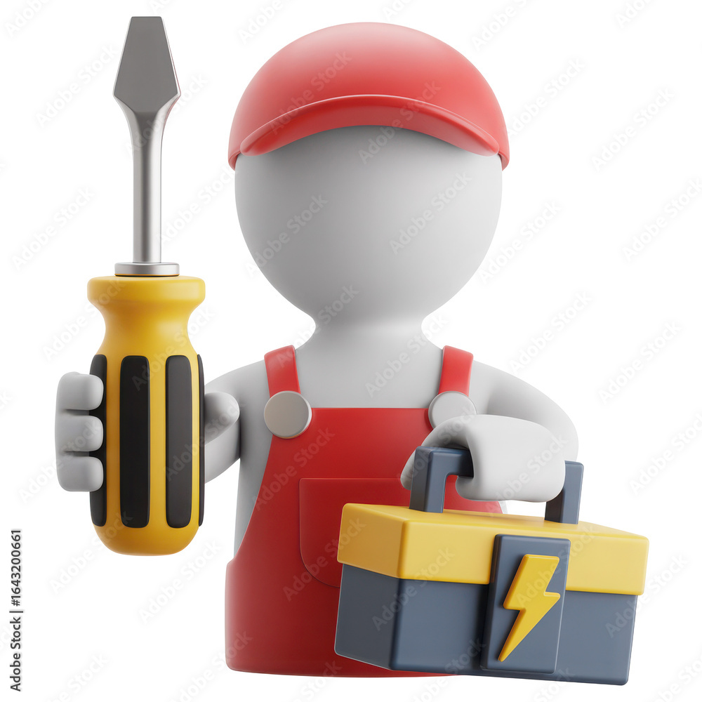 Poster 3d rendered character of a friendly repairman holding a screwdriver and a toolbox isolated on transp