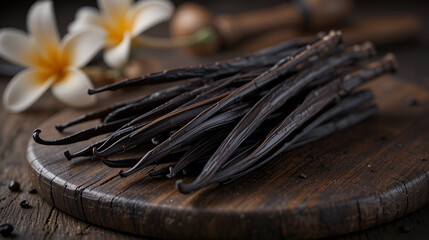 Madagascan Bourbon Vanilla Pods elegantly displayed a dark wooden board moody low key lighting highlighting rich texture and deep brown hues subtle vanilla flowers in the background