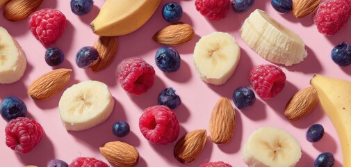 The colorful arrangement of fresh fruits and nuts on a pink background.